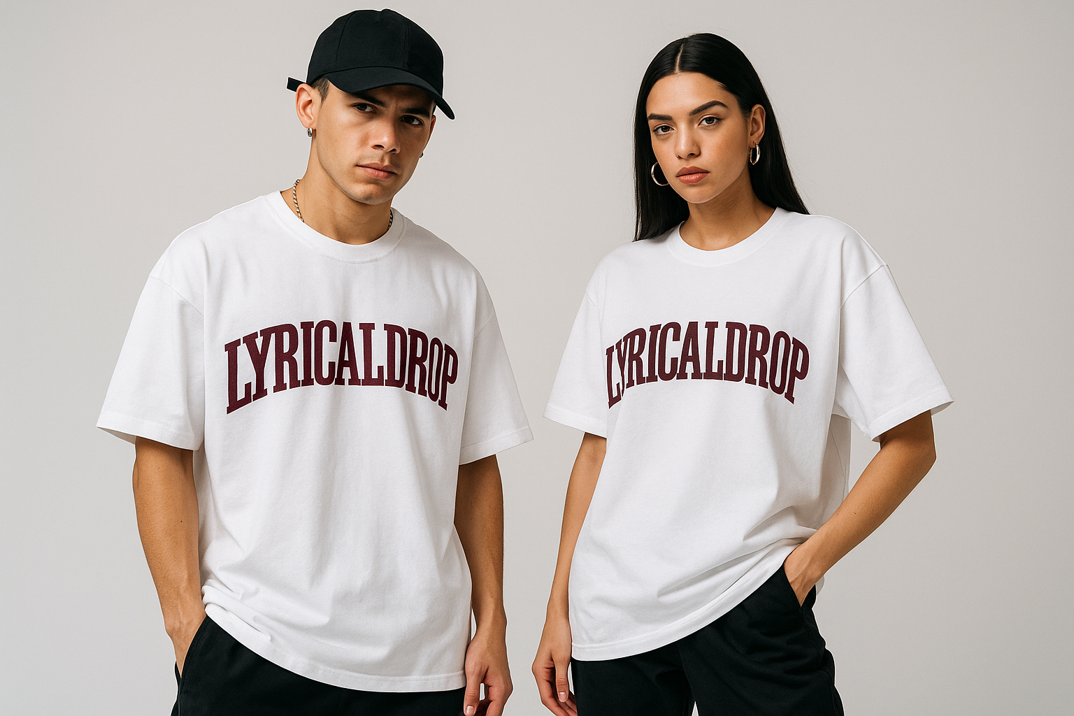 add a large, bold 'LyricalDrop' text in bloody red color in the middle center of each shirt 
